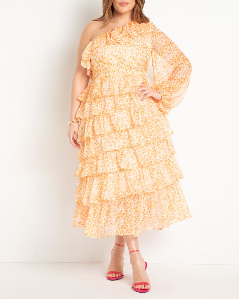 Front of a model wearing a size 16 Chiffon Ruffled Dress in Coral by ELOQUII. | dia_product_style_image_id:284453